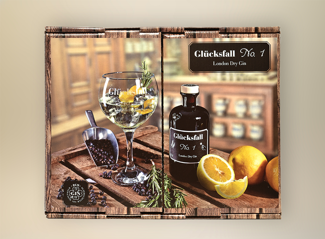 Eine geschlossene Gin Verpackung bedruckt im Digitaldruck.