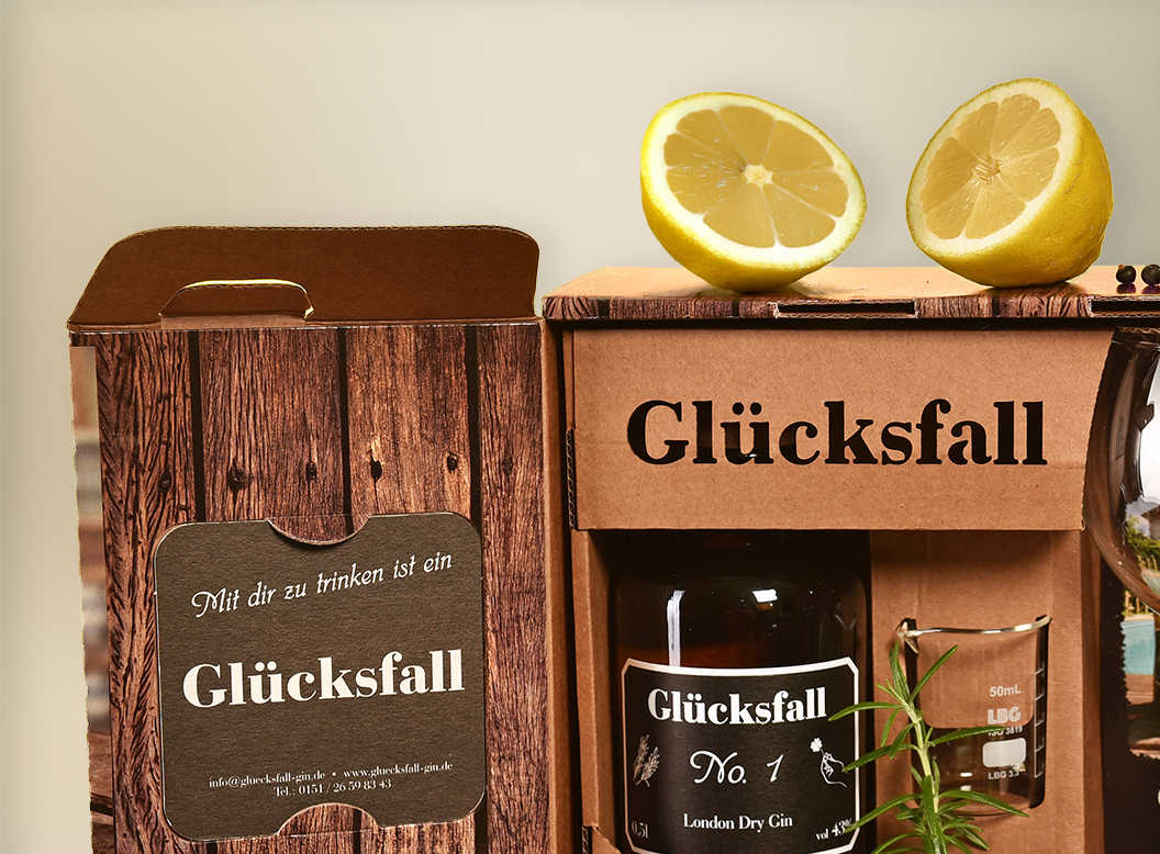 Eine Detailaufnahme einer Promotion-Verpackung für Gin.